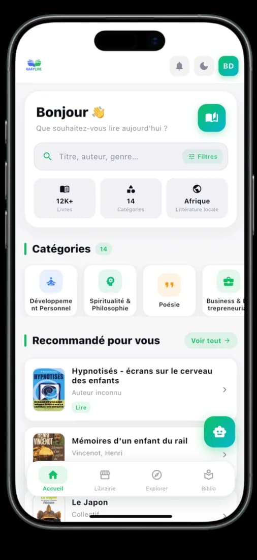 Accueil de l’application Kaaylire