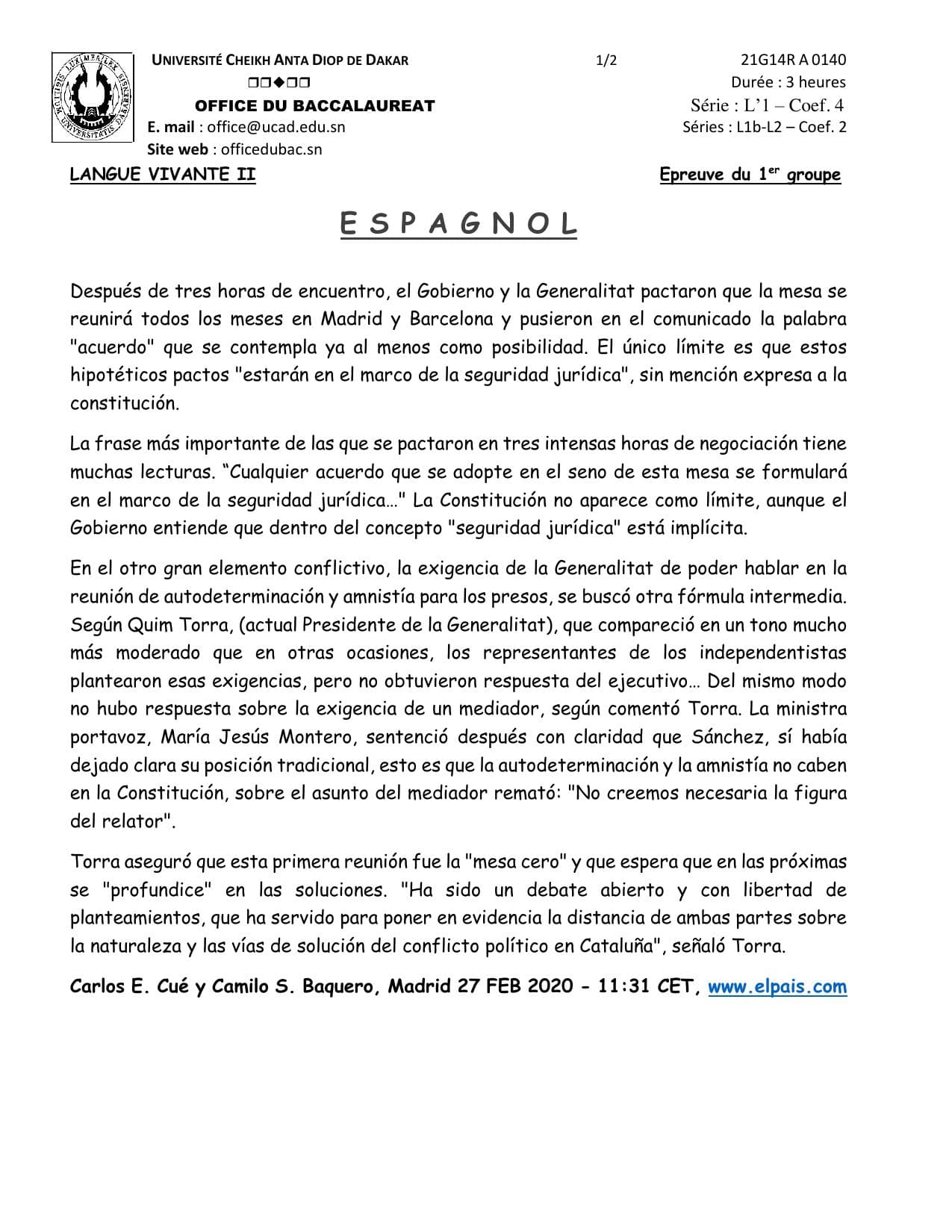 Couverture de « EPREUVE BAC 2021 ESPAGNOL L1-L2-L1B-L21ER GROUPE, DAKAR SÉNÉGAL »