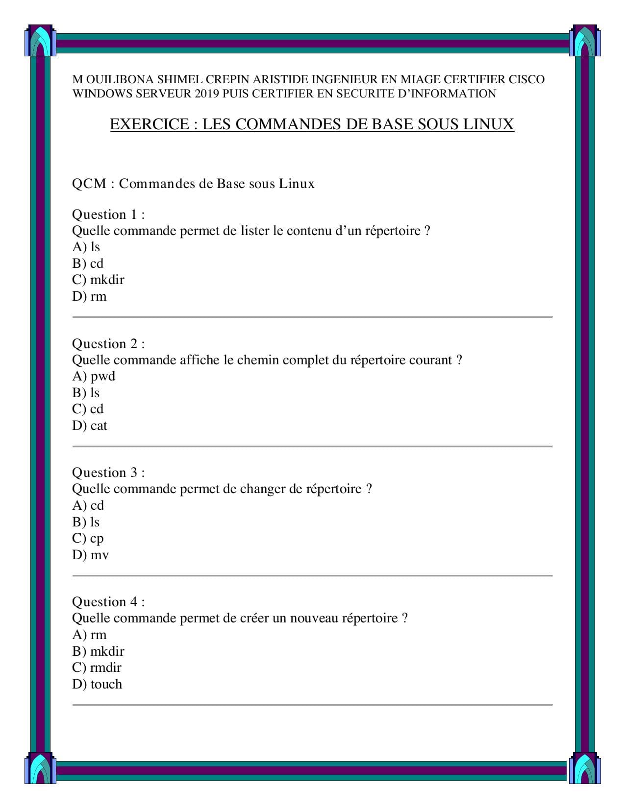 Couverture de « EXERCICE QCM LINUX ETUDIANT »