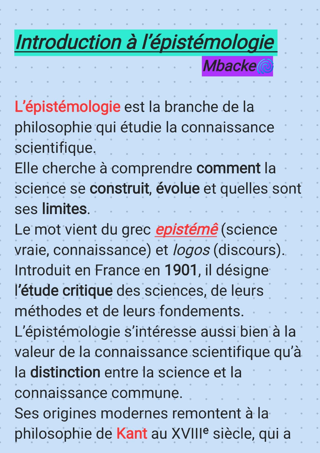 Couverture de « Épistémologie L1 (mbacke) »