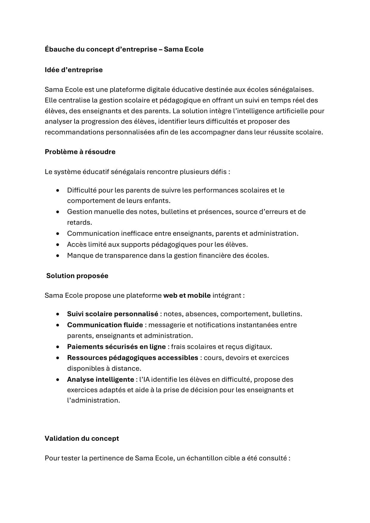 Couverture de « Ébauche du concept d’entreprise – Sama Ecole »